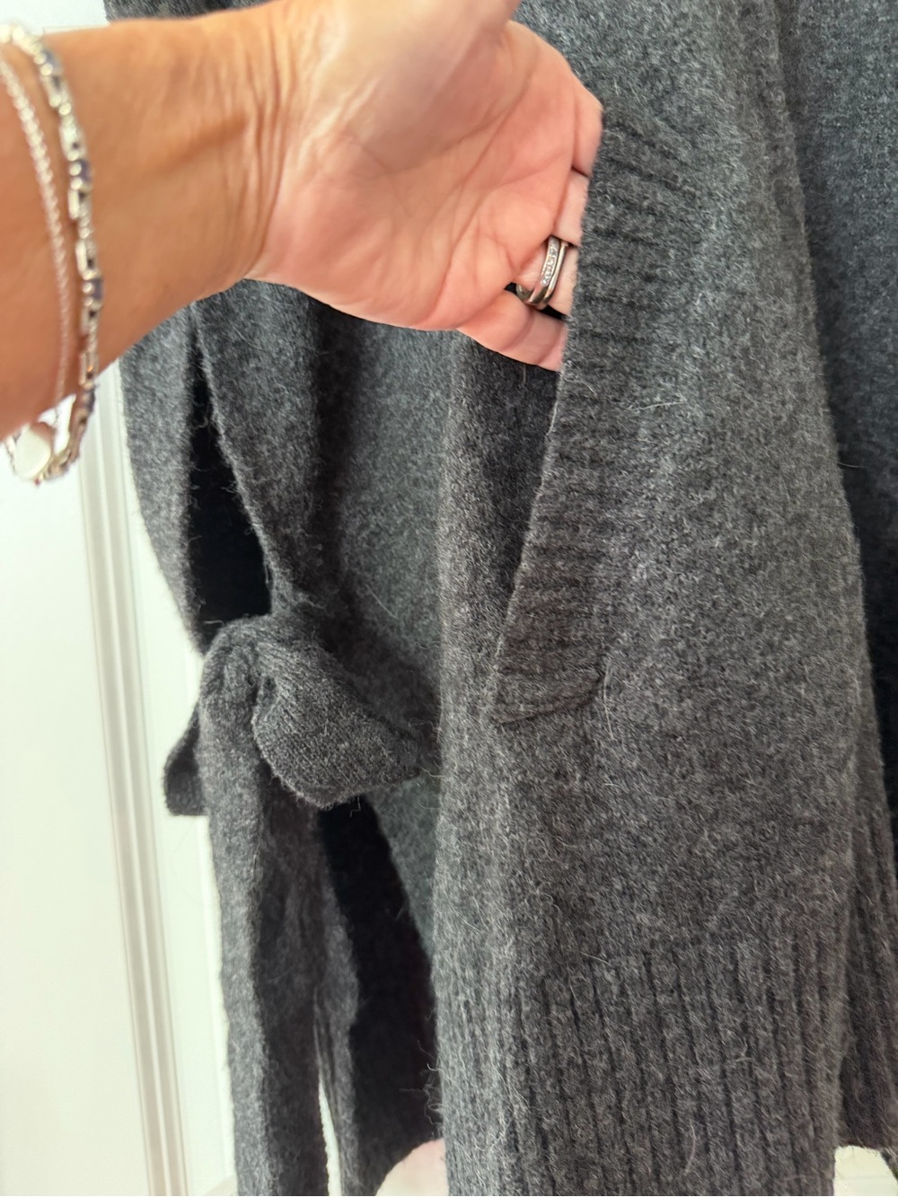 MERSEA Charcoal Gray Knit Poncho Sweater, Side Ties, Pockets, One Size - Picture 7 of 7